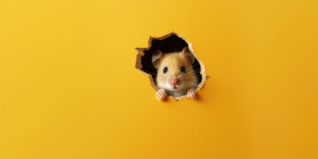 Cute Hamster peeking out of a hole in wall, torn hole, empty copy space frame, mockup. Generative AI image weber.の素材