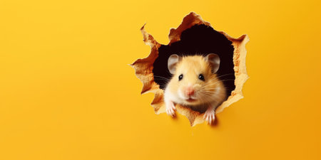 Cute Hamster peeking out of a hole in wall, torn hole, empty copy space frame, mockup. Generative AI image weber.の素材