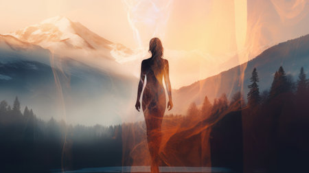 Woman in Yoga Full Body Backlit Pose in the breath taking Alpine. Generative AI image weber.の素材