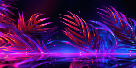 Dark Neon Light palm leaves dramatic photo effect background, realism, realistic, hyper realistic. Generative AI image weber.の素材