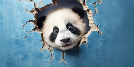 Cute Panda peeking out of a hole in wall, torn hole, empty copy space frame, mockup. Generative AI image weber.の素材