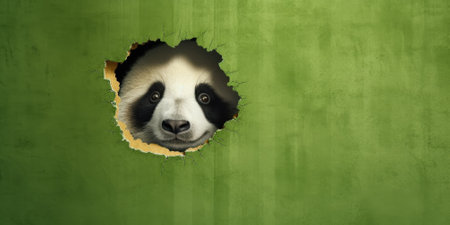 Cute Panda peeking out of a hole in wall, torn hole, empty copy space frame, mockup. Generative AI image weber.の素材
