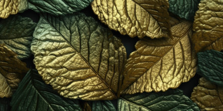 Dry Gold Green leaves Surface textured background, realism, realistic, hyper realistic. Generative AI image weber.の素材