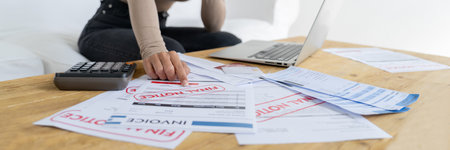 Stressed young woman has financial problems with credit card debt to pay crucial show concept of bad personal money and mortgage pay management crisis.の写真素材