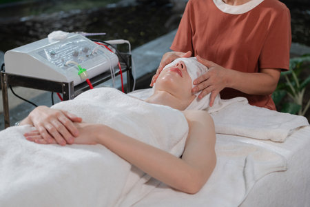 Attractive caucasian woman with beautiful skin having facial medical electrical treatment by...