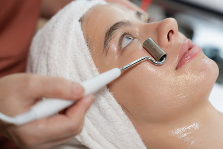 Beautiful caucasian woman lying on spa bed during having facial massage by professional hands at modern spa salon surrounded by beauty electrical equipment or medical equipment. Close up. Tranquilityの写真素材