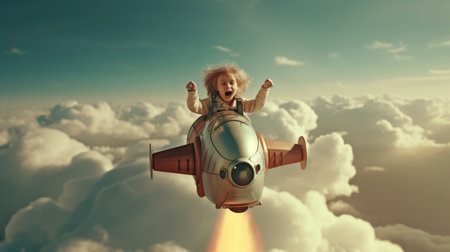 A Girl, excited, flying the rocket above clouds in the sky. Generative AI image weber.の素材
