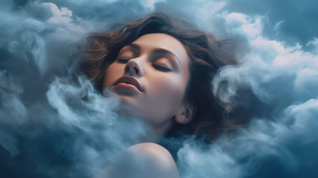 Close up portrait woman sleeping, floating on sea of cloud in the sky. Generative AI image weber.の素材