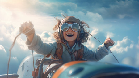 Aviator Girl, excited, flying above clouds in the sky. Generative AI image weber.の素材