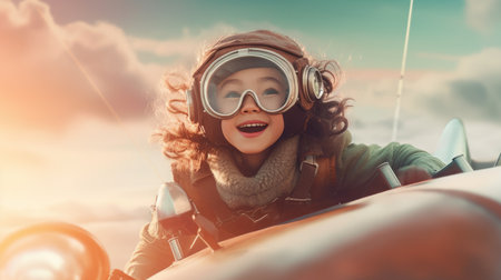 Aviator Girl, excited, flying above clouds in the sky. Generative AI image weber.の素材