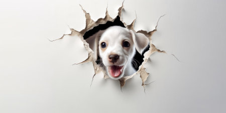 Cute Puppy peeking out of a hole in wall, torn hole, empty copy space frame, mockup. Generative AI image weber.の素材