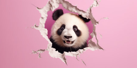 Cute Panda peeking out of a hole in wall, torn hole, empty copy space frame, mockup. Generative AI image weber.の素材