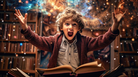Boy excited with an opened magical book with wave of astral magical elements flowing out. Generative AI image weber.の素材