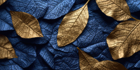 Dry Gold Blue leaves Surface textured background, realism, realistic, hyper realistic. Generative AI image weber.の素材