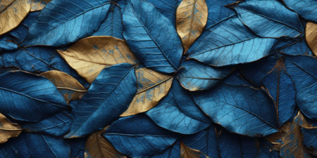 Dry Gold Blue leaves Surface textured background, realism, realistic, hyper realistic. Generative AI image weber.の素材