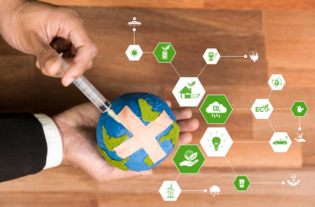 Businessman using string injecting vaccine to save Earth symbolize corporate ESG commitment,...
