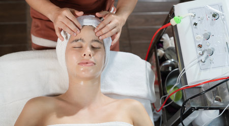 Beautiful young women with beautiful skin having facial massage surrounded by professional therapist...