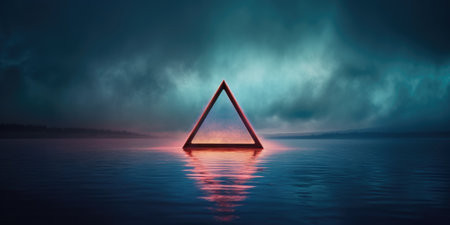 A triangle shaped empty frame neon cloud on water, in the style of vintage aesthetics. Generative AI image weber.の素材