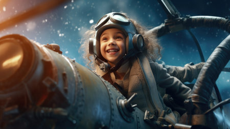 Aviator Girl, excited, flying above clouds in the sky. Generative AI image weber.の素材