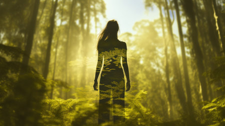Woman in Yoga Full Body Backlit Pose in the Forrest. Generative AI image weber.の素材