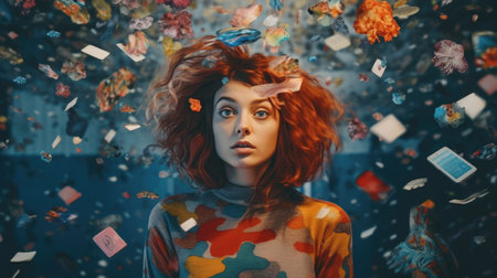 Overwhelming information data explode out of head of young human brain, too much media, too much information, maximalism, news, social media addiction. Generative AI image weber.の素材