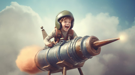 A boy, excited, flying the rocket above clouds in the sky. Generative AI image weber.の素材