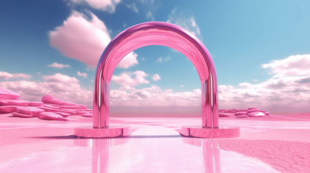 3d render Abstract aesthetic background. Surreal fantasy landscape. Water, pink desert, neon linear arch and chrome metallic gate under the blue sky with white clouds. Generative AI image weber.の素材