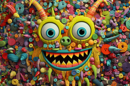 The monster on the wall is covered with candy, in the style of pop culture collages, organic sculptures, kombuchapunk, green and amber, vibrant, catcore, caninecore. Generative AI image weber.の素材