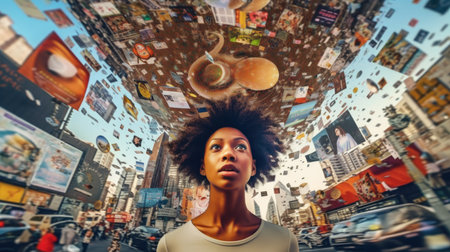 Overwhelming information data explode out of head of young human brain, too much media, too much information, maximalism, news, social media addiction. Generative AI image weber.の素材