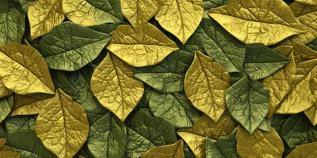 Dry Gold Green leaves Surface textured background, realism, realistic, hyper realistic. Generative AI image weber.の素材