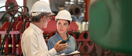 Metalwork manufacturing factory engineer manager conduct inspection of steel industrial machine,...