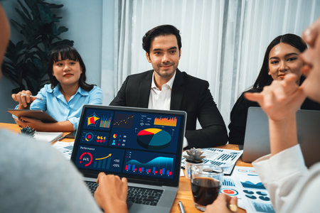 Financial data analysis dashboard by Fintech BI or business intelligence display on laptop screen to...