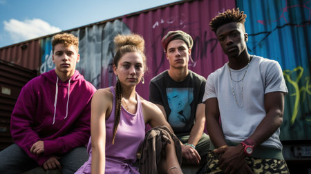 Portrait of an diversed group of young adults hanging out on urban street in summer. Generative AI imageの素材