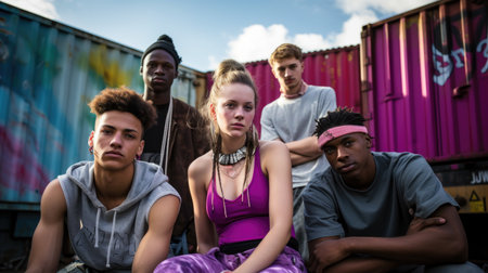 Portrait of an diversed group of young adults hanging out on urban street in summer. Generative AI imageの素材