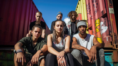 Portrait of an diversed group of young adults hanging out on urban street in summer. Generative AI imageの素材