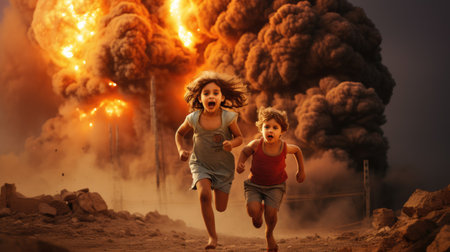 Innocent civilian running away from missile attack in the city. Kids and family escape from surprise military operation with fear and scare.の素材