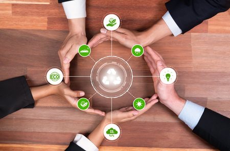 Business partnership form circular hand together around recycle icon symbolize ESG sustainable...