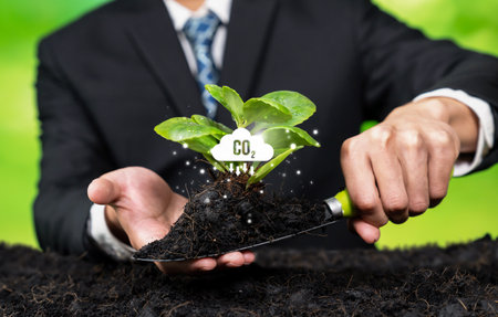 Business investment in reforestation, businessman growing young seedling plant on soil as ESG commitment by corporation to reduce CO2 or carbon emission by nurturing environment and nature. Relianceの写真素材