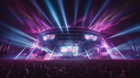 Large concert stage in music festival at night with crowd people cheering the concertの素材