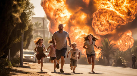 Innocent civilian running away from missile attack in the city. Kids and family escape from surprise military operation with fear and scare.の素材