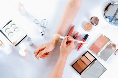 Close up top view image of beauty blogger or influencer shoot uttermost social media marketing or tutorial on online live streaming platformの写真素材