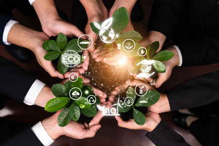 Business partnership nurturing or growing plant together with carbon icon symbolize ESG sustainable environment protection with eco technology and carbon credit solution for net zero future. Relianceの写真素材
