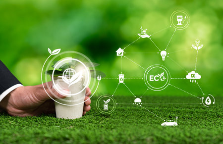Businessman holding plant symbolize environmental protection by corporate ESG commitment to make...