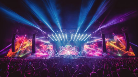 Large concert stage in music festival at night with crowd people cheering the concertの素材