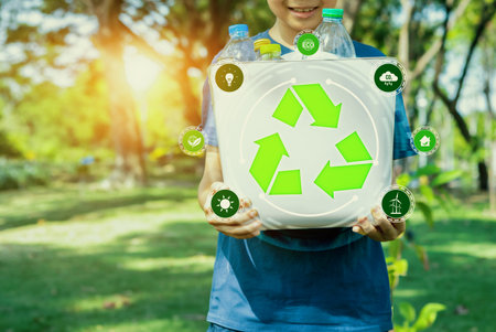 Green recycle symbol for environmental sustainability and natural protection awareness campaign with...