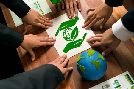 Cohesive group of business people forming jigsaw puzzle pieces in environmental awareness symbol as eco corporate responsibility for community and sustainable solution for greener Earth. Quaintの写真素材