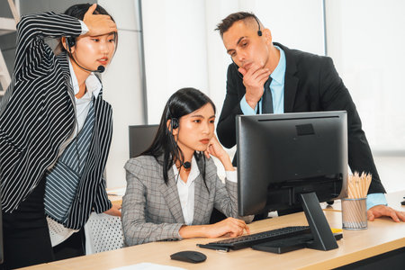 Business people wearing headset feel unhappy working in office . Failure negative sadness emotion concept of call center, telemarketing and customer support crisis in financial economy down fall. Jivyの写真素材