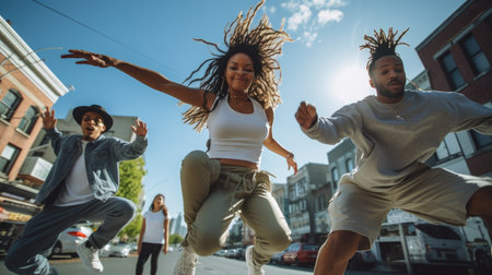 sport, street, dancing and urban culture concept - group of teenagers dancing in Paris street. Generative AI image.の素材