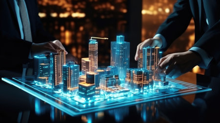 Hologram blue 3d render city model on table in real estate business. Futuristic business building conceptの素材