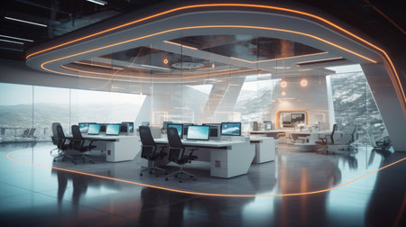 Futuristic technology open space office interior. Corporate office for strategy of finance, operations, marketing.の素材